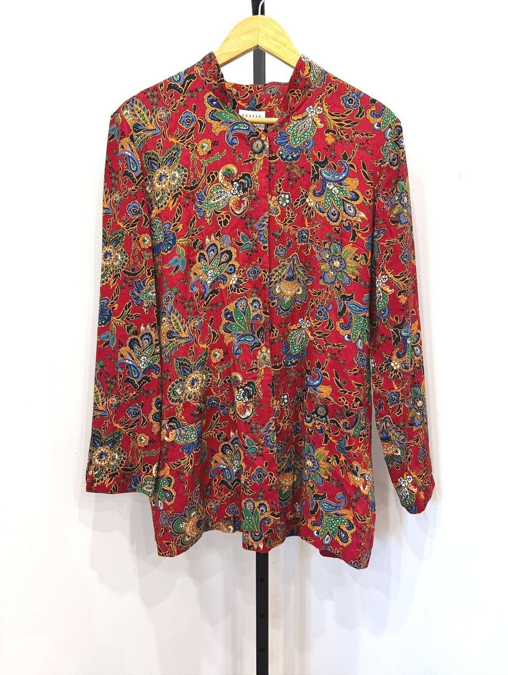 Leslie Fay Women's Red Floral Rayon Button-Up Shirt or Mini Dress Size 10